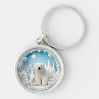 Polar Bear with Cub Arctic Ocean White Winter Key Ring