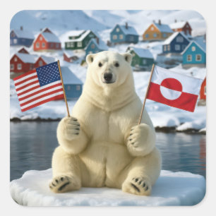 Polar Bear With Greenland and American Flags Square Sticker