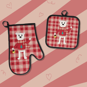 Polar Bear with Lantern Red Holiday Oven Mitt & Pot Holder Set
