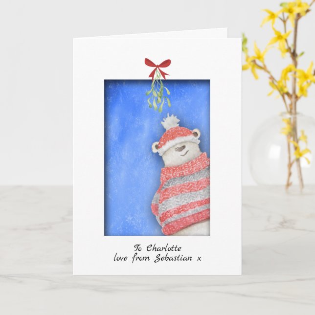 Polar Bear With Mistletoe Christmas Card (Yellow Flower)