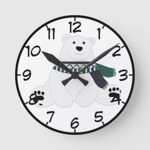 Polar Bear With Scarf  Round Clock