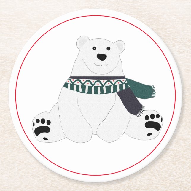 Polar Bear With Scarf  Round Paper Coaster (Front)
