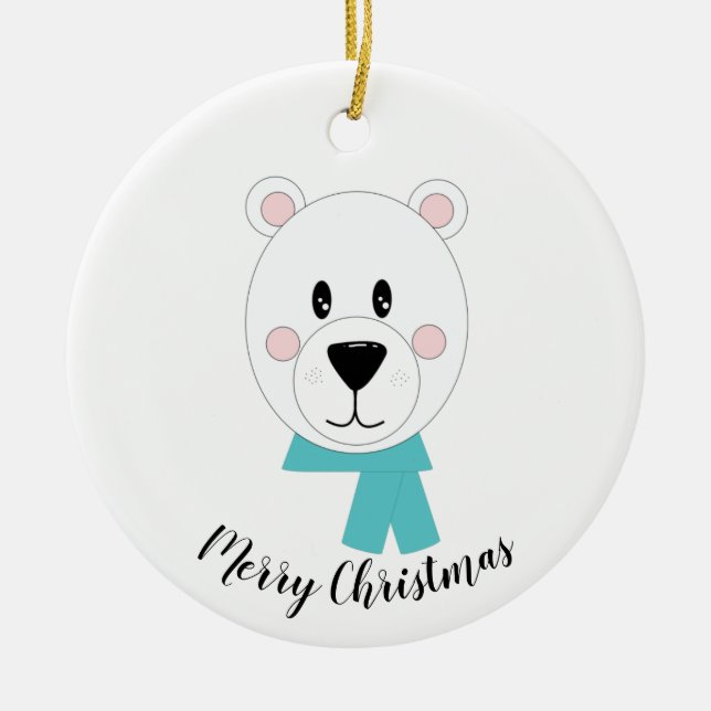 Polar Bear with Teal Scarf Ceramic Tree Decoration (Front)