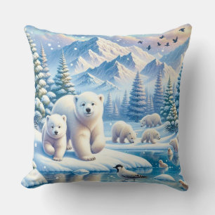 Polar Bears and Snowy Winter Scene Painting Cushion