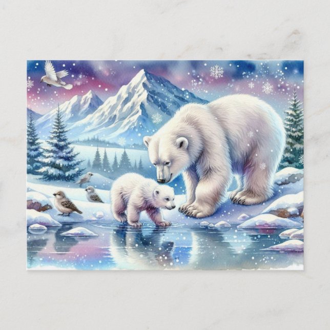 Polar Bears and Snowy Winter Scene Painting Postcard (Front)