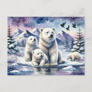 Polar Bears and Snowy Winter Scene Painting Postcard