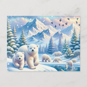 Polar Bears and Snowy Winter Scene Painting Postcard