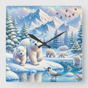 Polar Bears and Snowy Winter Scene Painting Square Wall Clock