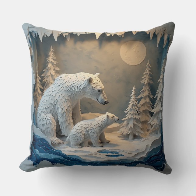 Polar Bears Blue Arctic Forest Scene 🐻‍❄️ Cushion (Front)