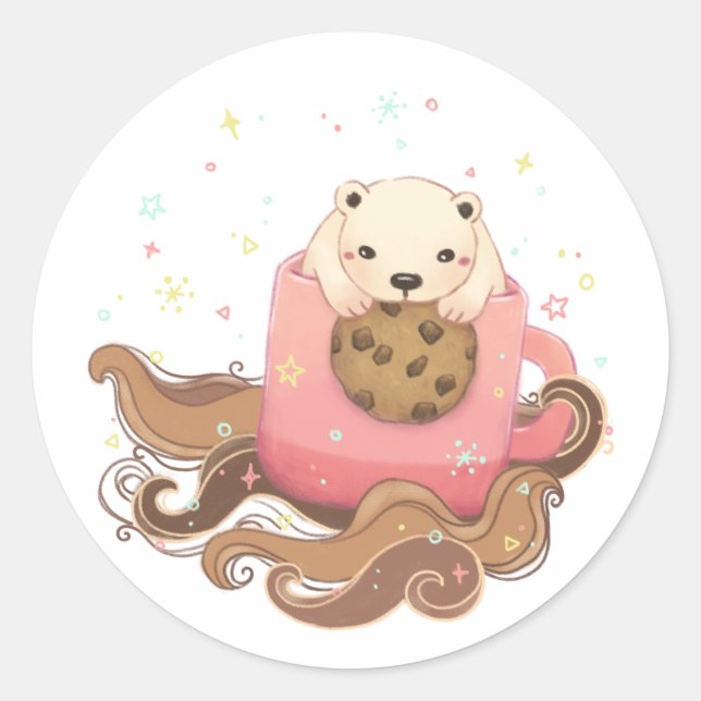 Polar Bear's Cookie & Coffee Break Illustration Classic Round Sticker (Front)