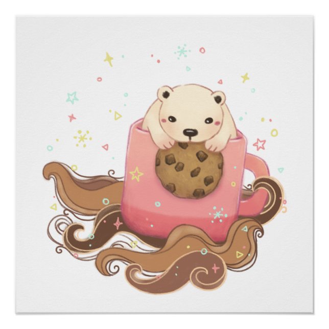 Polar Bear's Cookie & Coffee Break Illustration Poster (Front)