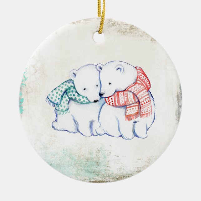 Polar Bears Couple Ceramic Tree Decoration (Front)