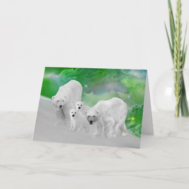Polar Bears, cubs and northern lights Card (Front)