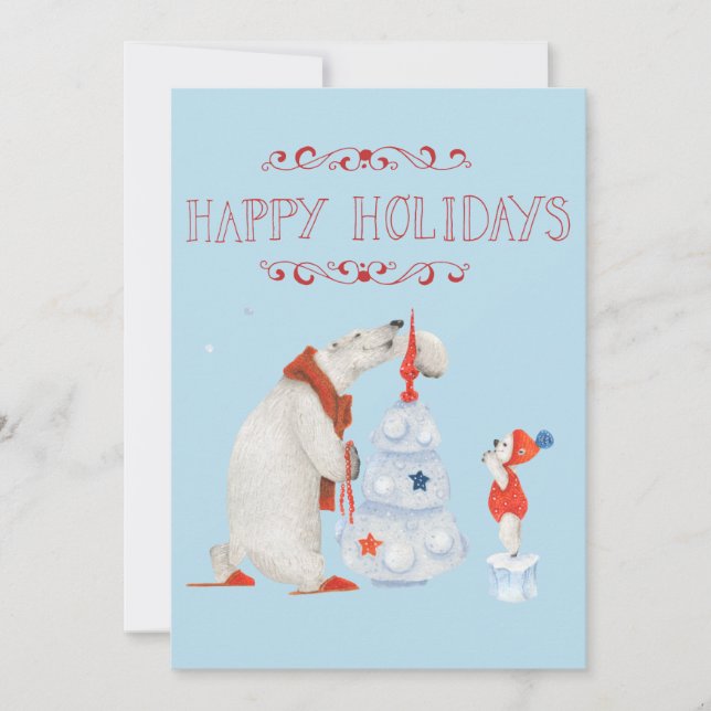 Polar Bears Decorating Tree Holiday Card (Front)
