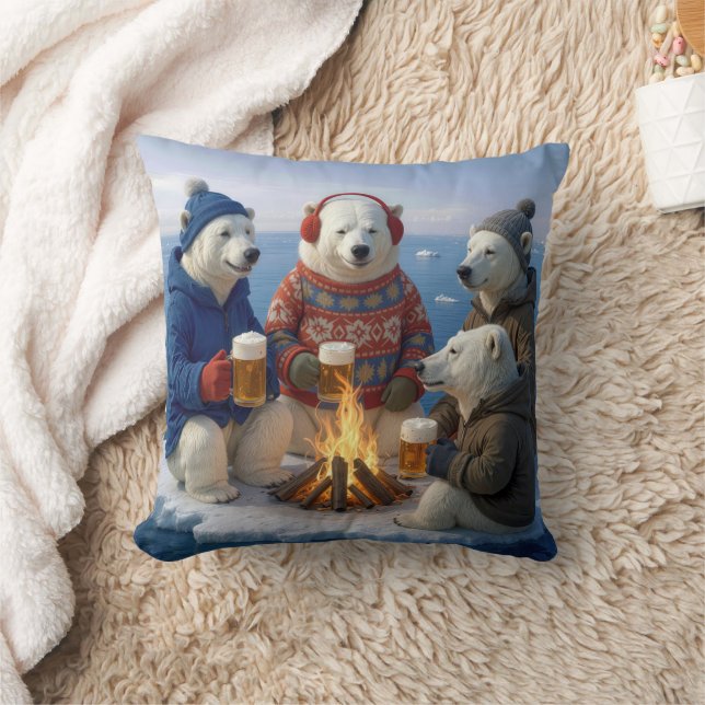 Polar Bears Drinking Beer Around a Campfire  Cushion (Blanket)
