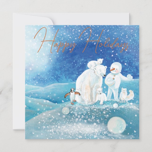 Polar Bears, Fox, Penguin & Snowman Happy Holiday Card (Front)