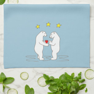 Polar Bears giving Heart and Yellow Stars Tea Towel