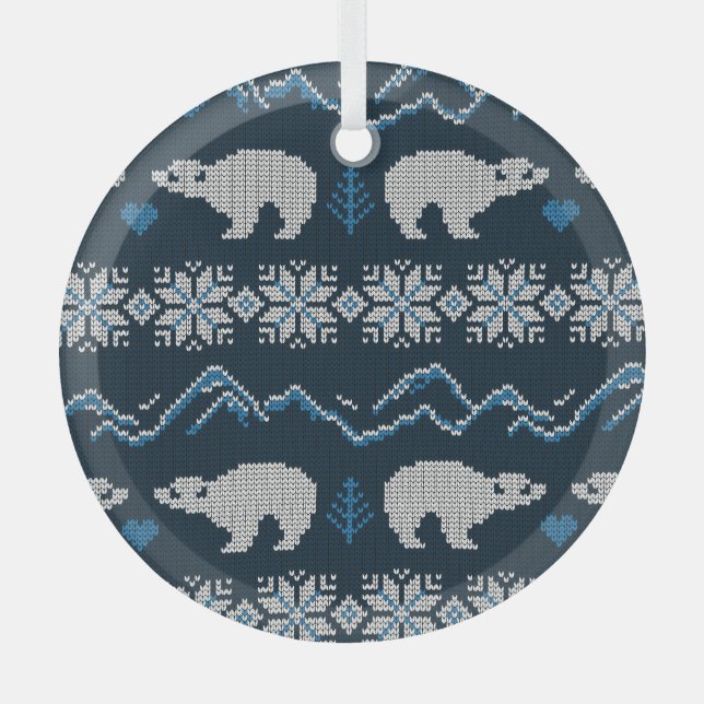 Polar Bears Knitted Winter Pattern Glass Tree Decoration (Front)