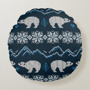 Polar Bears Knitted Winter Pattern Round Cushion