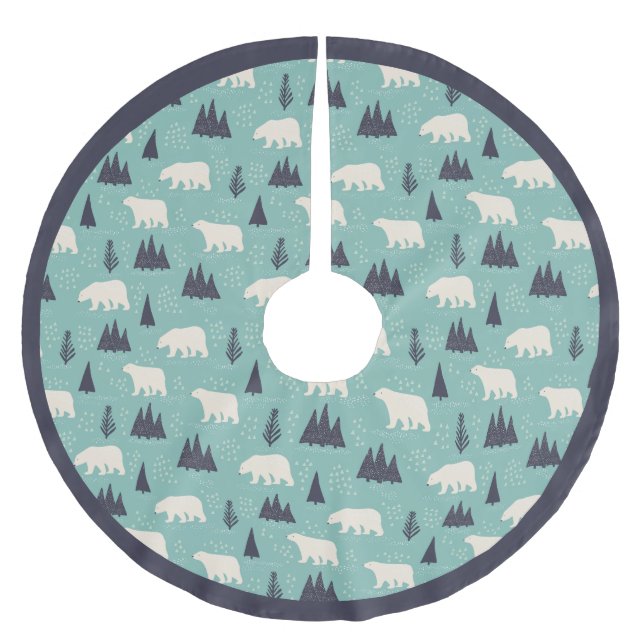 Polar Bears Navy Blue Teal Patterned Christmas Brushed Polyester Tree Skirt (Front)