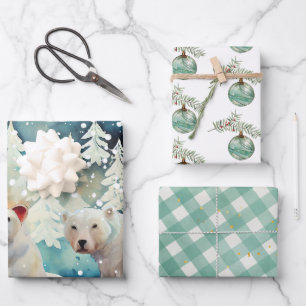 Polar Bears, Ornaments, Gingham Check Christmas Wrapping Paper Sheet