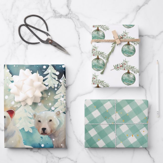 Polar Bears, Ornaments, Gingham Check Christmas Wrapping Paper Sheet (Front)