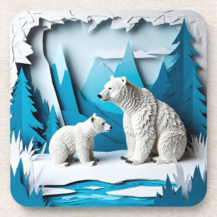 Polar Bears Papercraft Scene in Blue Arctic Forest Coaster