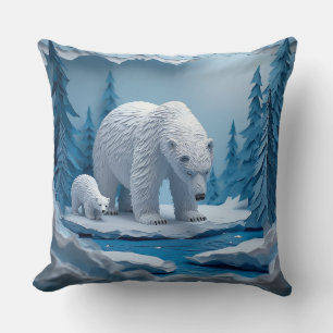 Polar Bears Papercraft Scene in Blue Arctic Forest Cushion