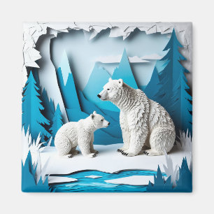 Polar Bears Papercraft Scene in Blue Arctic Forest Magnet