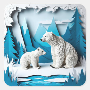 Polar Bears Papercraft Scene in Blue Arctic Forest Square Sticker