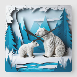 Polar Bears Papercraft Scene in Blue Arctic Forest Square Wall Clock