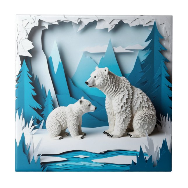 Polar Bears Papercraft Scene in Blue Arctic Forest Tile (Front)