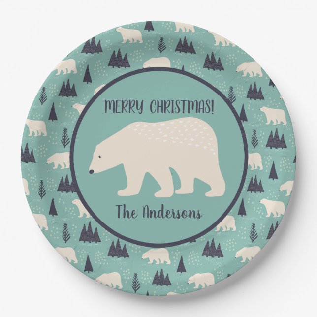 Polar Bears Patterned Christmas Party Paper Plate (Front)