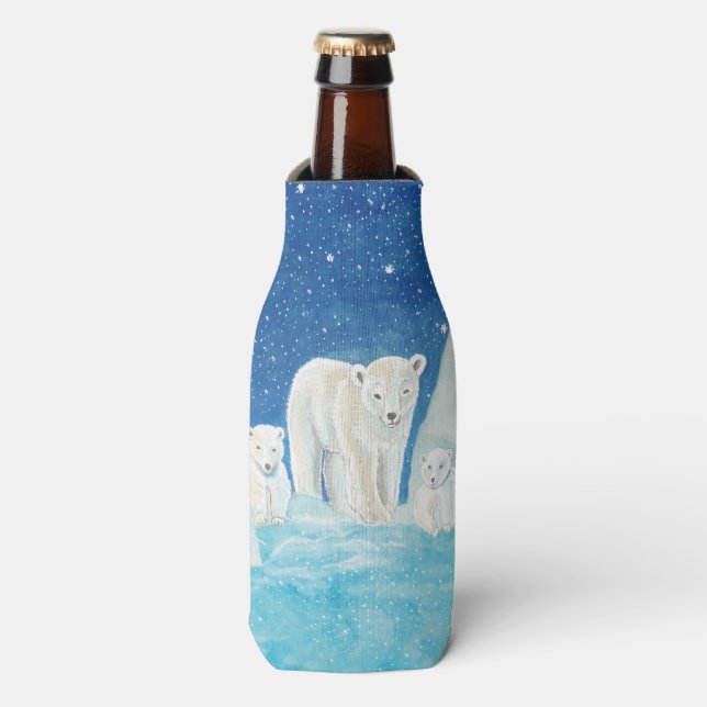 Polar Bears & Snowy Landscape Illustration   Bottle Cooler (Bottle Front)