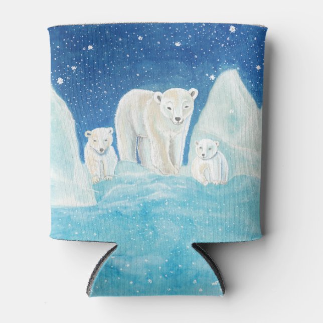 Polar Bears & Snowy Landscape Illustration   Can Cooler (Front)
