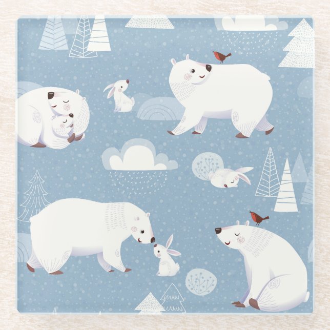 Polar Bears Winter Vintage Glass Coaster (Front)