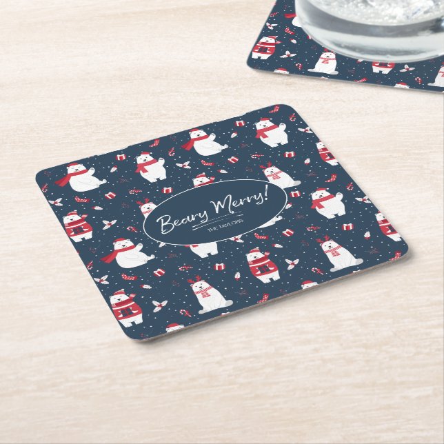 Polar Beary Merry Christmas Pattern ID851 Square Paper Coaster (Angled)