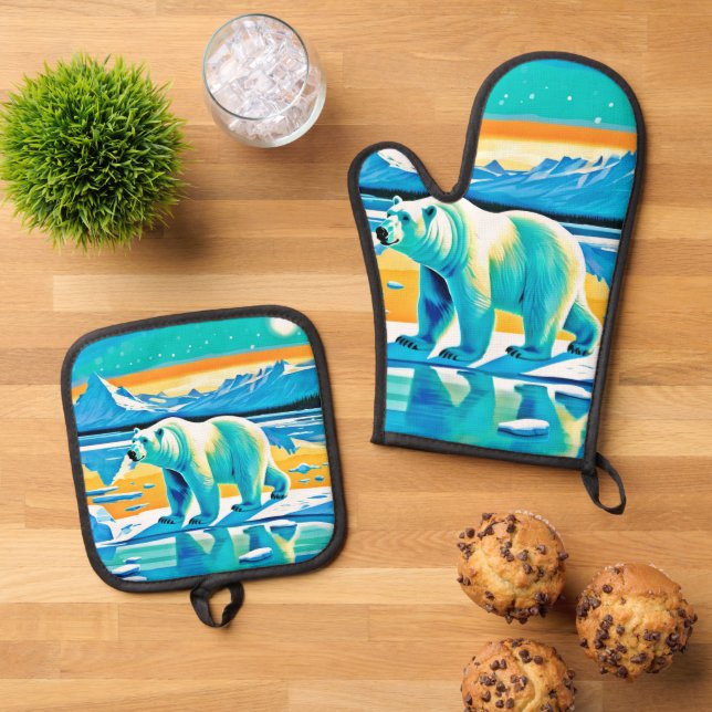 Polar Majesty: Arctic Landscape Oven Mitt & Pot Holder Set (Top Down)
