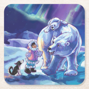 Polar Pals Painting Square Paper Coaster