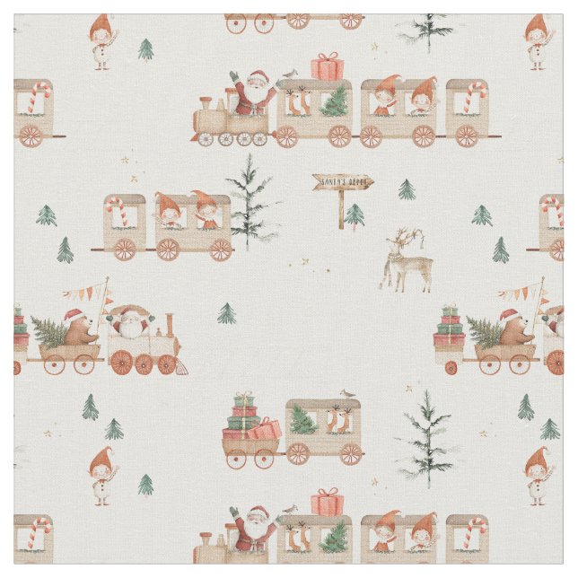 Polar train - Elf Santa helpers Happy holidays  Fabric (Close Up)