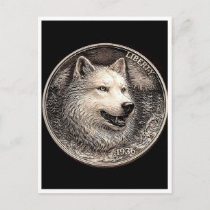 Polar wolf. Hobo nickel coin. Postcard