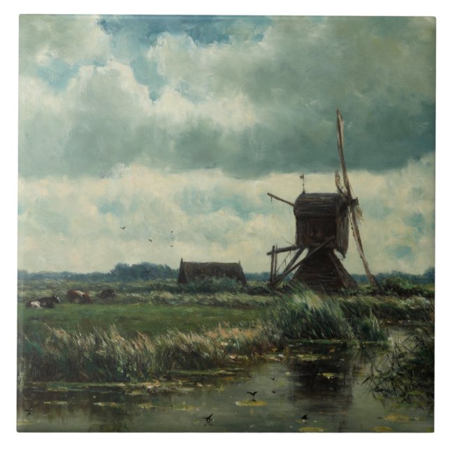 Polder landscape with windmill, Willem Roelofs Tile (Front)