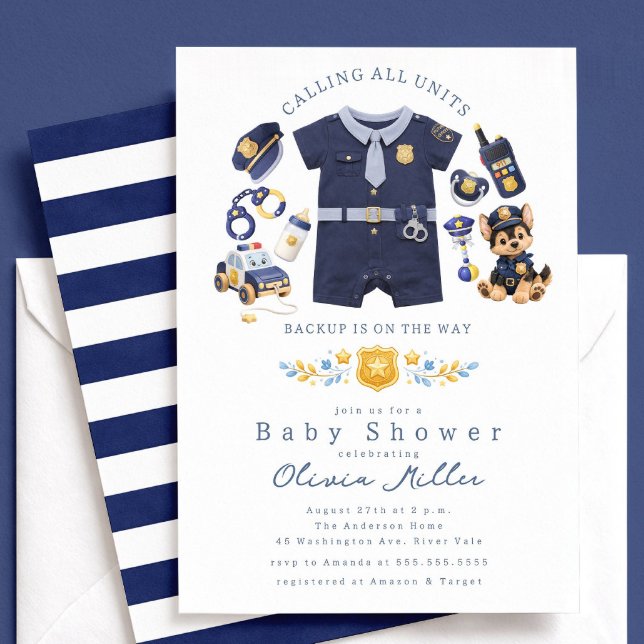 Police Baby Shower Invitation Blue Stripe (Creator Uploaded)