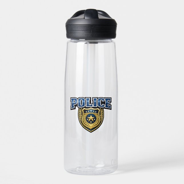 Police Badge Bold Text Design Water Bottle (Front)