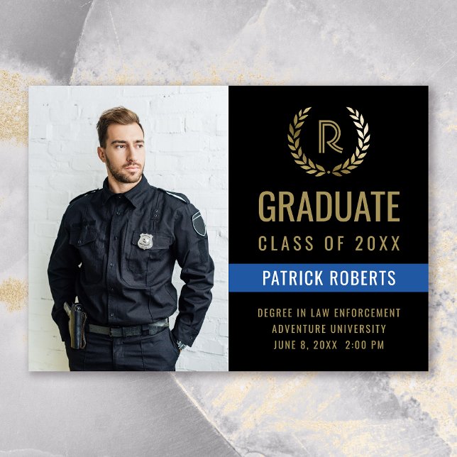 Police Black Gold Laurel Wreath Photo Graduation Announcement (Classic Black Blue Photo Police Graduation Announcement)