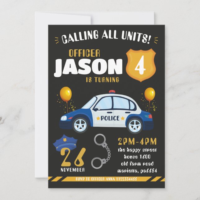 Police Black Invitation for Birthday Party Cops (Front)