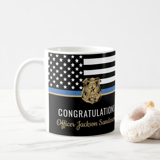 Police Blue Line Flag Congratulations Retirement Coffee Mug (With Donut)