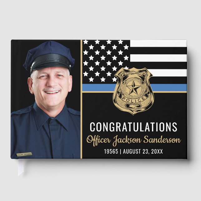 Police Blue Line Flag Officer Photo Retirement Guest Book (Front)