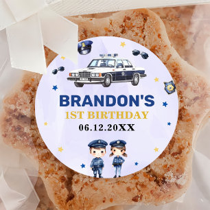 Police Boy 1st Birthday Party  Classic Round Sticker