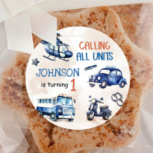 Police Boy 1st Birthday Party  Classic Round Sticker